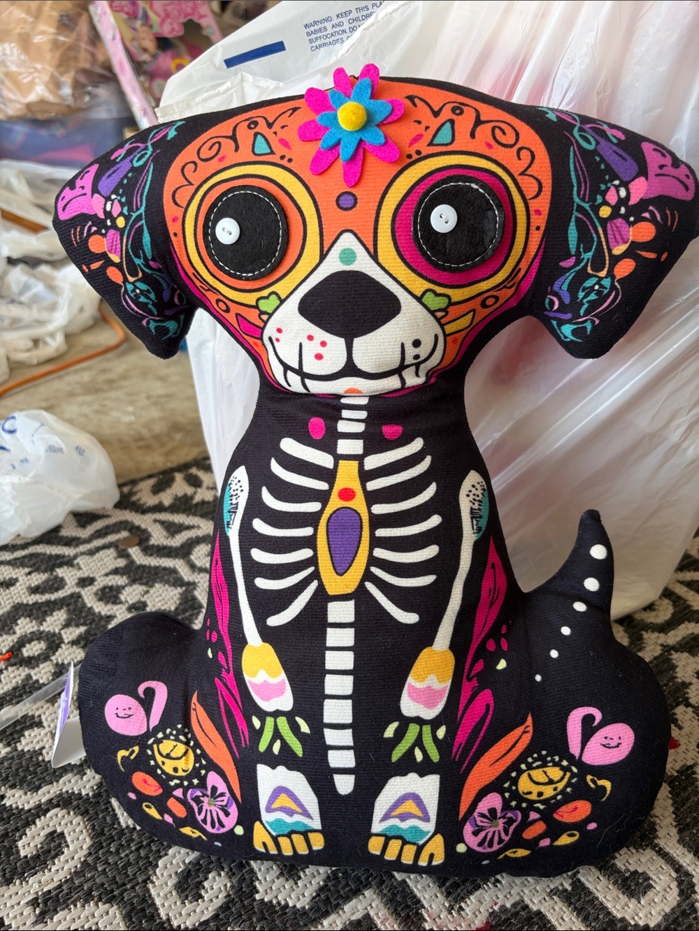 Colorful Day of the Dead Dog Plush Pillow - Black with Neon Accents